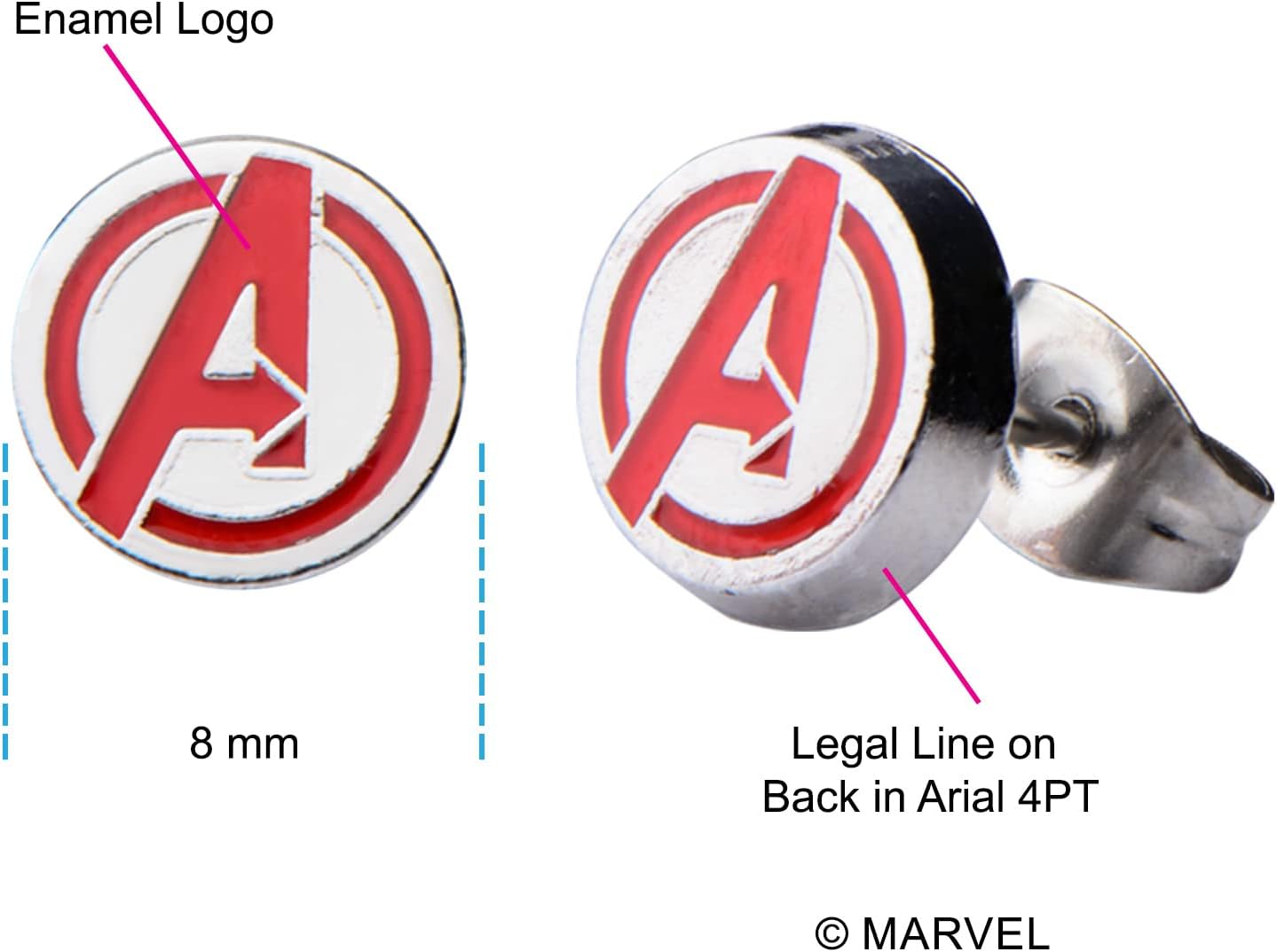 Officially Licensed Marvel Comics Stainless Steel Women's Avenger Logo Pack Round Stud Hypoallergenic Earrings, Unisex