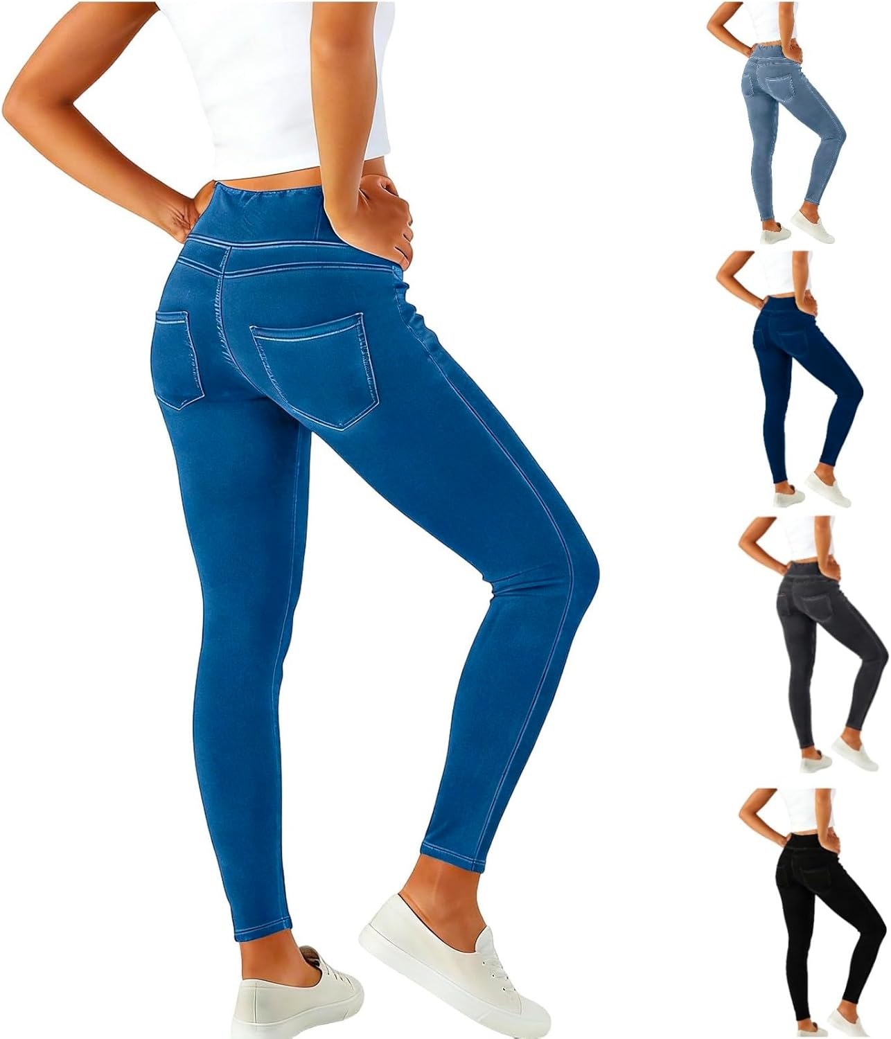 HGps8w Women's Casual Faux Jeans, Stretch High Waisted Leggings Yoga Workout Imitation Denim Pants with Pockets