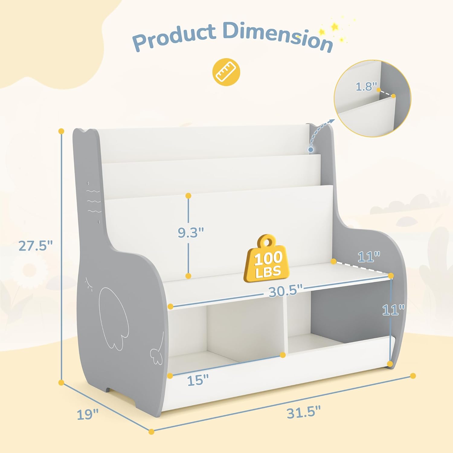 Curipeer 3-in-1 Kids Bookshelf and Toy Storage Organizer with Bench, Toddler Bookshelf and Bookcase with Reading Nook and 2 Storage Cabinets, Kids Book Shelf for Nursery, Playroom, Grey Elephant