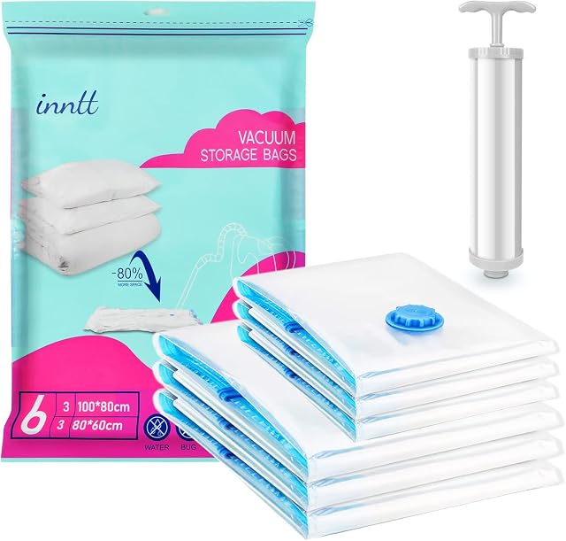 Vacuum Storage Bags for Clothes, Vaccum Bags 6 Pack 3 Jumbo 100 x 80cm + 3 Large 80 x 60cm, Reusable Vacuum Pack Bags with Pump