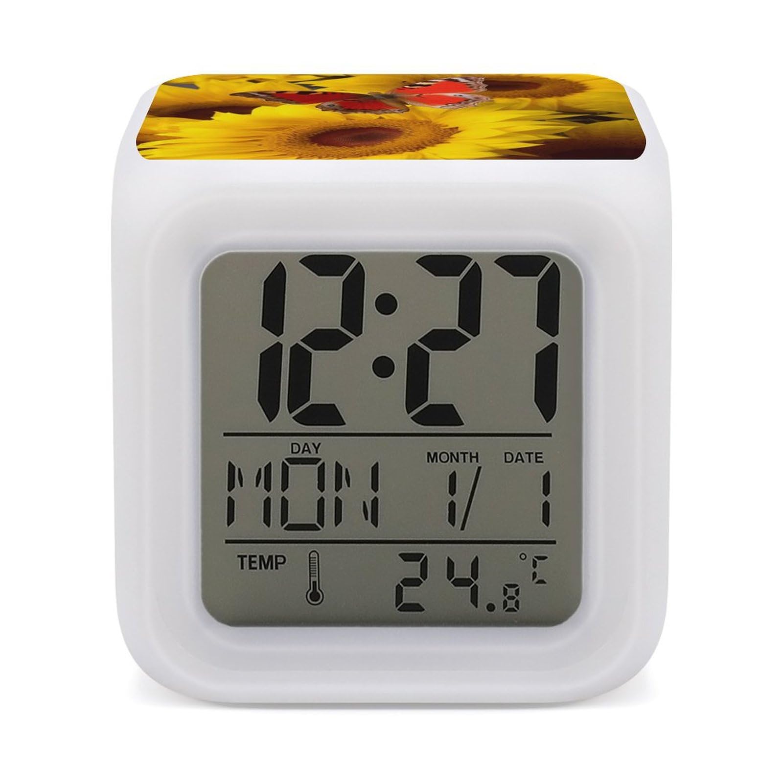 JTREHY 7 Color Changing LED Digital Alarm Clock,Yellow Sunflowers with Red Butterfly Printed Wake-up Clock with Temperature Display Home Decoration Alarm Clock for Bedroom Office