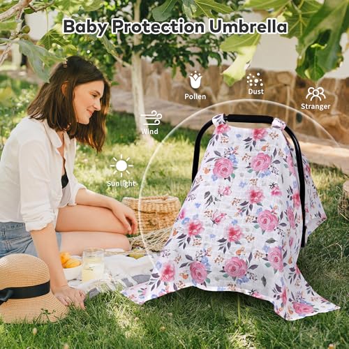 Image of Rquite Infant Car Seat Cover for Babies Girls, 100% Muslin Cotton Carseat Canopy, Breathable Stroller Sun Shade, Baby Shower Gift & Newborn Essentials, Universal Fit Summer & Hot Weather (Floral)