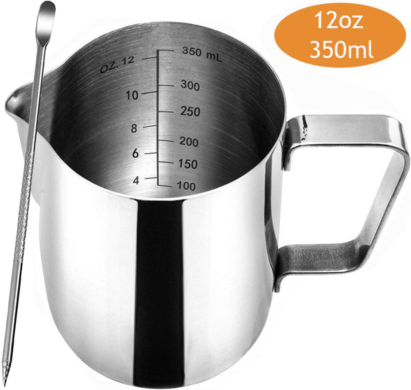 12, 20oz Stainless Steel Milk Frothing Pitcher, Espresso Steaming Pitcher Cup- Measurements on Both Inside - Perfect for Espresso Machines, Milk Frothers - Bonus Decorating Art Pen