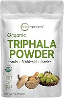 Vista 1 de Triphala en polvo orgánico, 2 libras (Amla + Haritaki + Bibhitaki) Origen indio, suplemento adaptógeno herbario, apoya la salud del colon