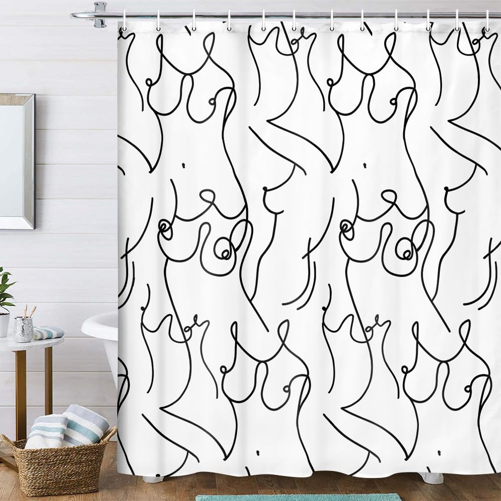 Funny Abstract Shower Curtain, Black and White Boobs Nude Women Female Body Hilarious Art Fabric Shower Curtains Set Accessories,Boho Simple Minimalist Line Female ShowerCurtain with Hooks, 70X70IN