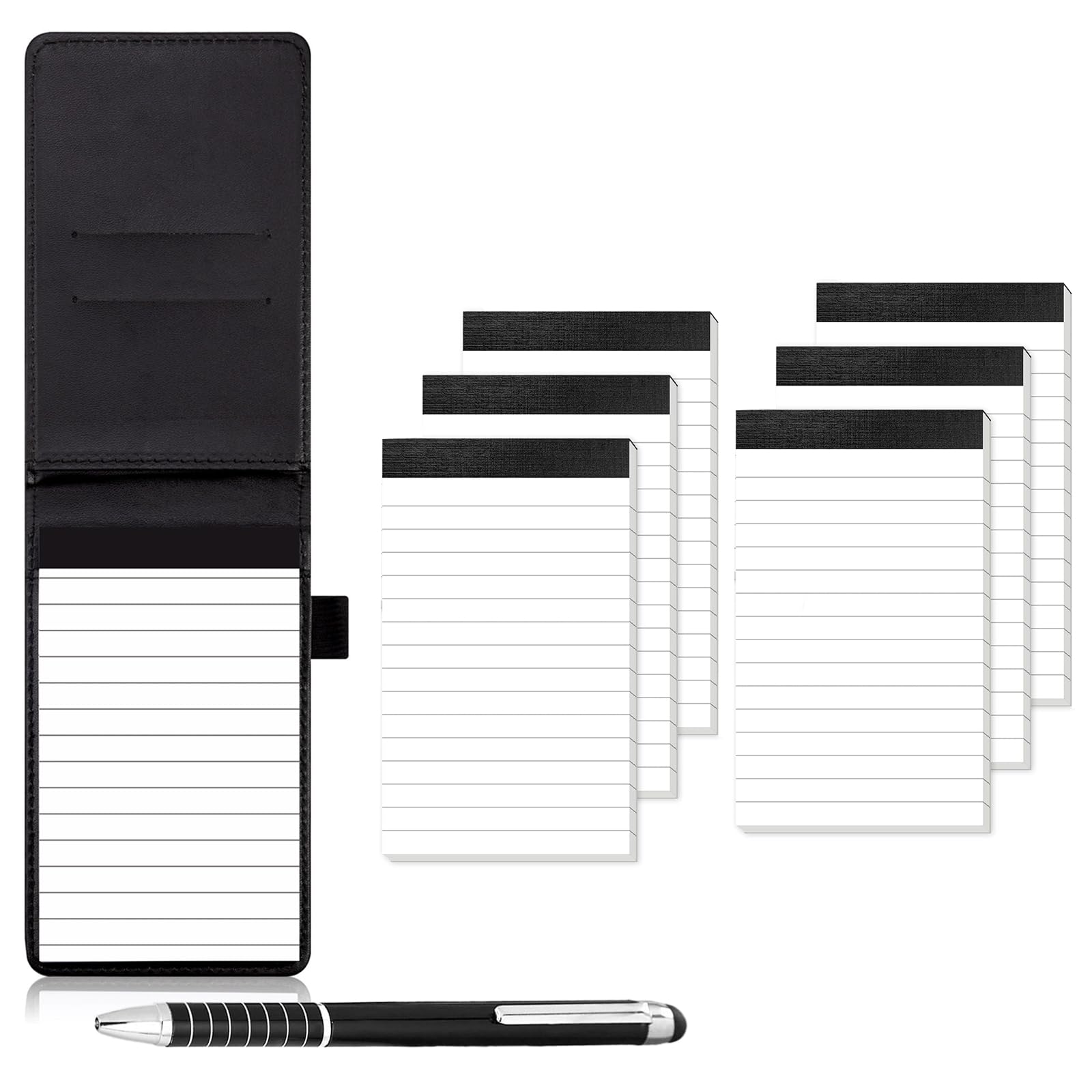 FUZVOL 8 PCS Pocket Notebook Set,Small A7 Notebook with Pen Loop,Leather Notebooks Holder with 7 Notepad(30 Lined Sheets) and 1 Metal Pen for Office School Taking Notes