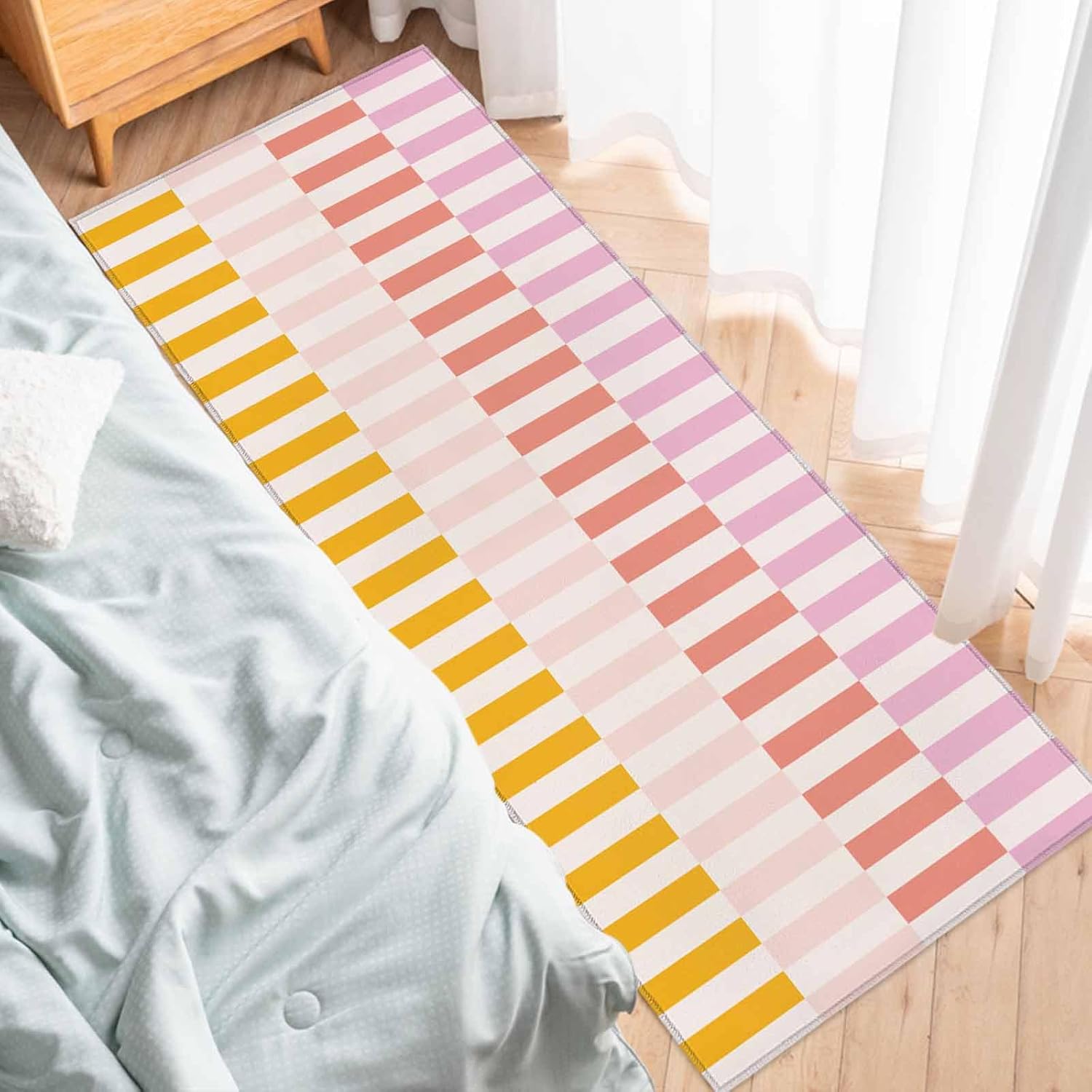 Teamery Kitchen Mats for Floor Classic Pink Red Orange Pinstripes Washable Non Slip Kitchen Rugs 1PCS, Modern Abstract Art Absorbent Standing Mats for Sink Bathroom Office Living Room 23.6x70.9in