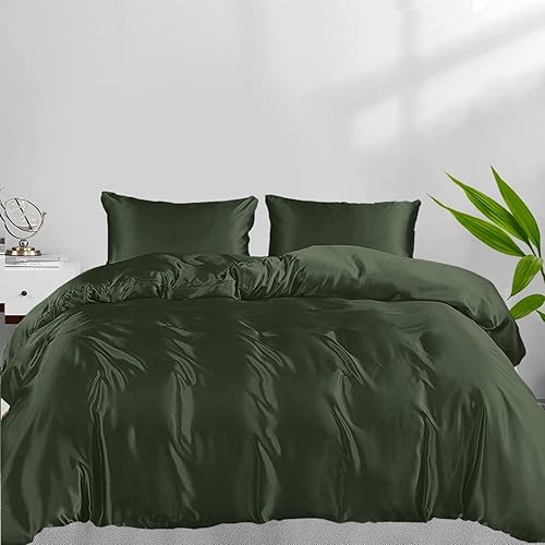 Linenwalas Juego de funda de edredón tamaño King con sábana bajera de bolsillo profundo, viscosa de bambú suave, sábanas de seda refrescante, juego