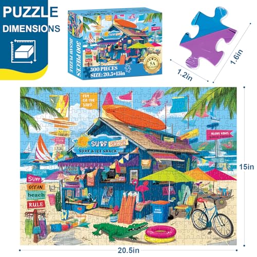 Rompecabezas de 500 piezas para adultos: Cabaña de surf, verano playero, paisaje marino con tabla de surf y letras en el reverso, ajuste perfecto sin polvo, póster 1:1, juego familiar divertido, decoración para el hogar y regalo miniatura 6