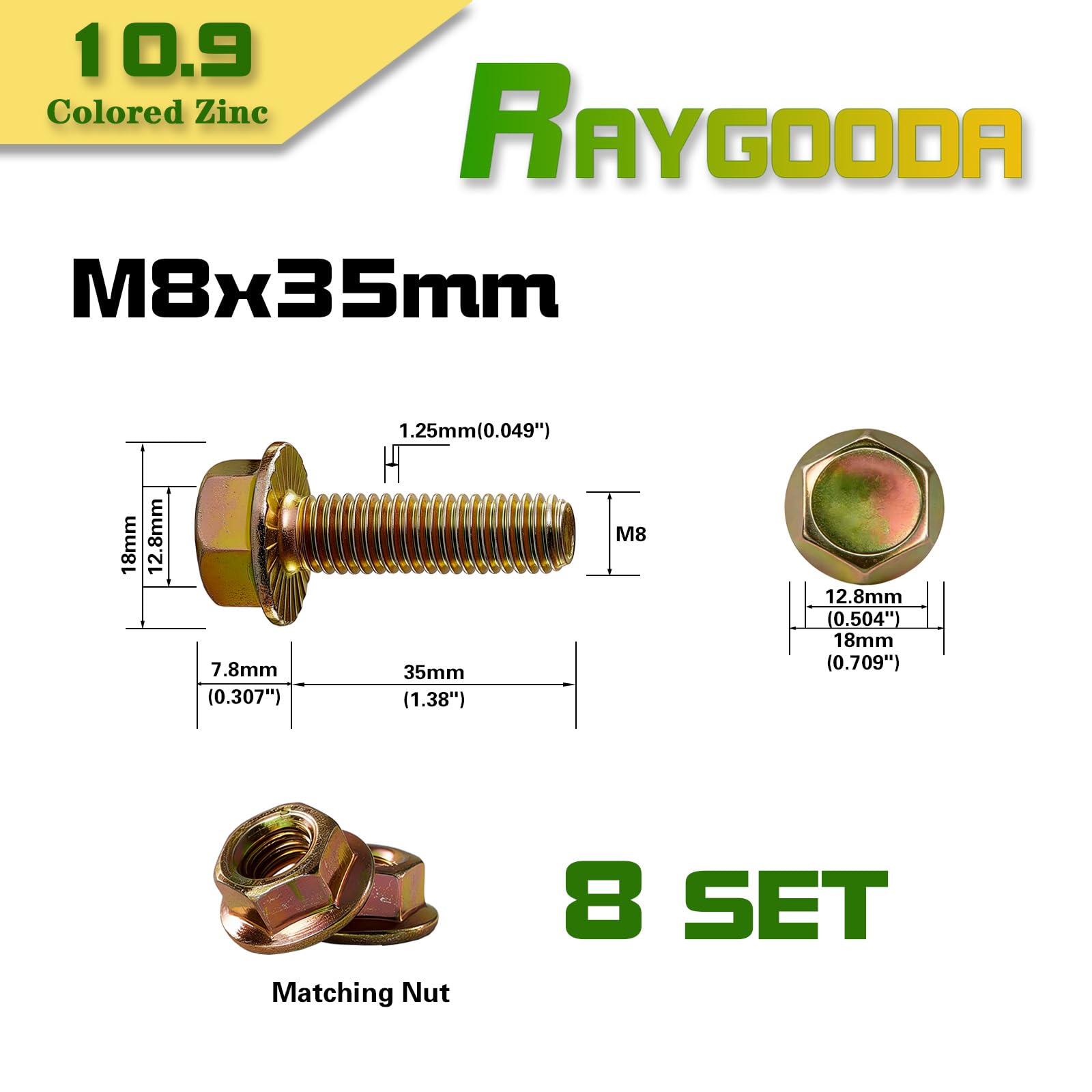 Set di viti e dadi a flangia M8 – 1,25 x 35 mm (8 set), classe di spessore 10,9, rivestimento in zinco colorato, filettatura completa, resistente alle vibrazioni, stabile, per applicazioni
