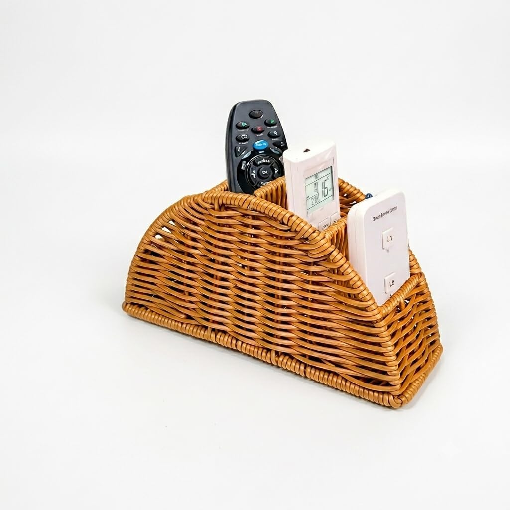 Ndola Handwoven Rattan Remote Control Holder, Wicker Desk Organizer with 3 Compartments, TV Remote Storage Basket for Living Room, Office Desk, Coffee Table, Bedside, Phone, Stationery & Accessories-image-31