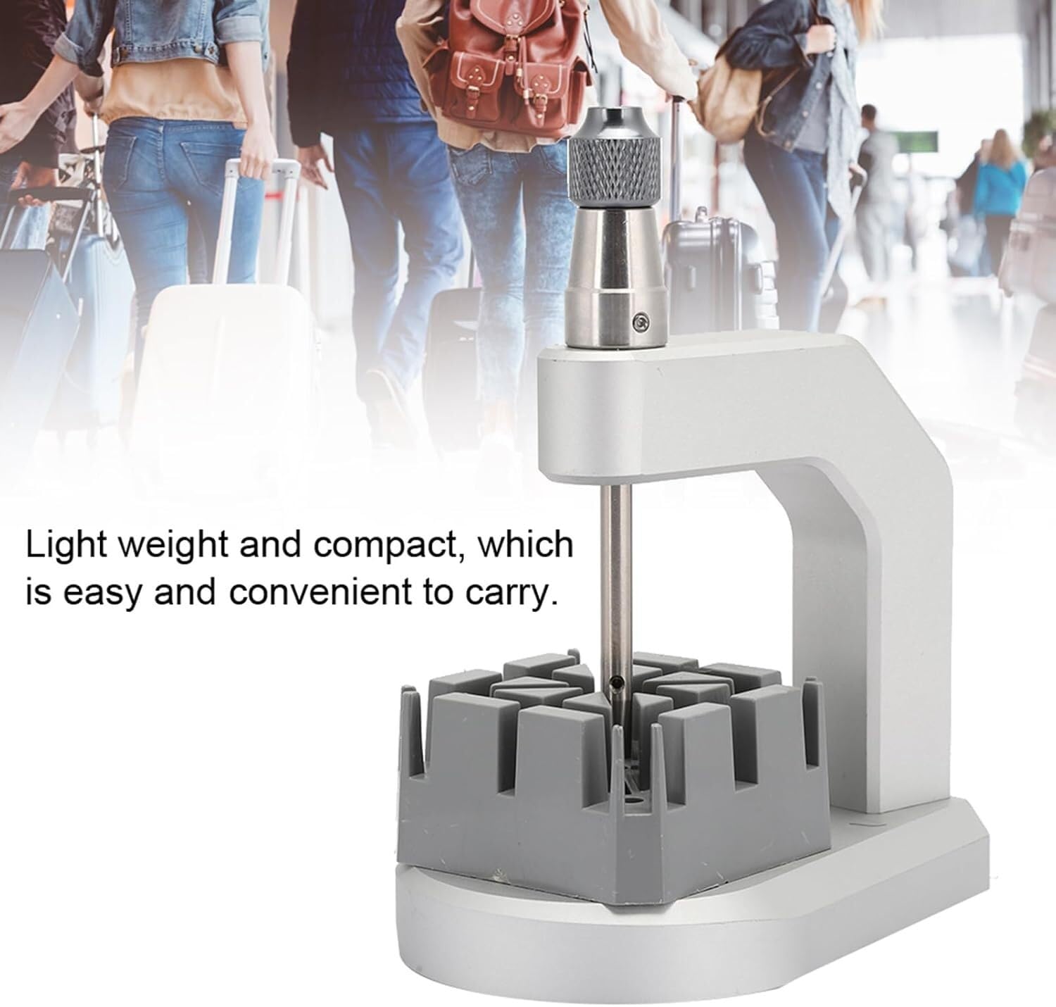 Estrattore Perni Cinturino in Alluminio con Base e 3 Accessori | Kit compatto da 10 × 6,8 × 11,5 cm con supporto fisso e tre accessori per regolare bracciali con perni compatibili.
