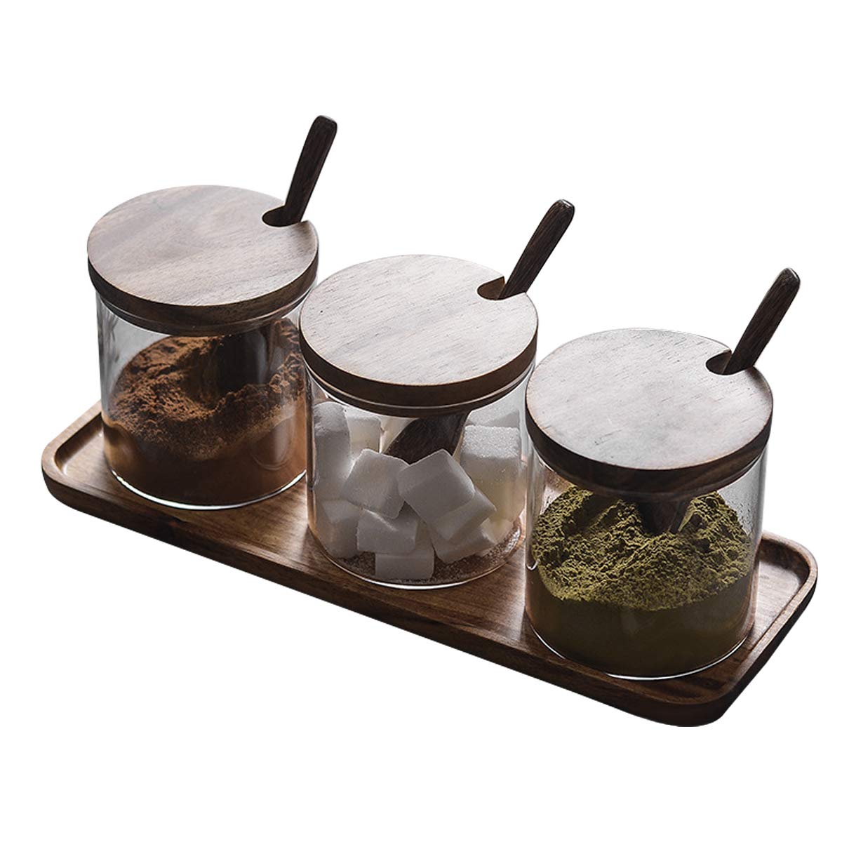 TentHome - Tarros de Especias de Cristal para Especias y 3 tarros de condimentos con cucharas de Madera