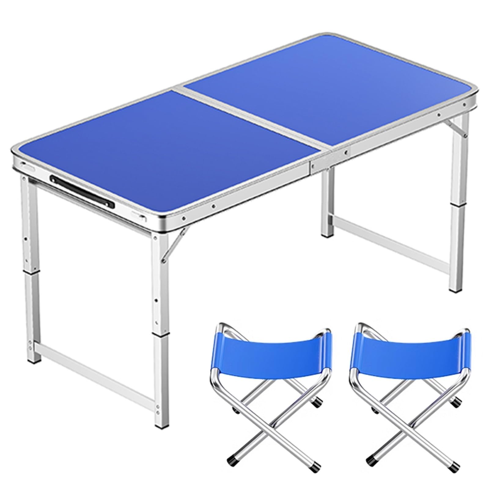 Aluminiowy składany stół o regulowanej wysokości, przenośny stół kempingowy z uchwytem, idealny na imprezę biurową, piknik, ślub, 100 x 50 cm, niebieski + 2 stołki