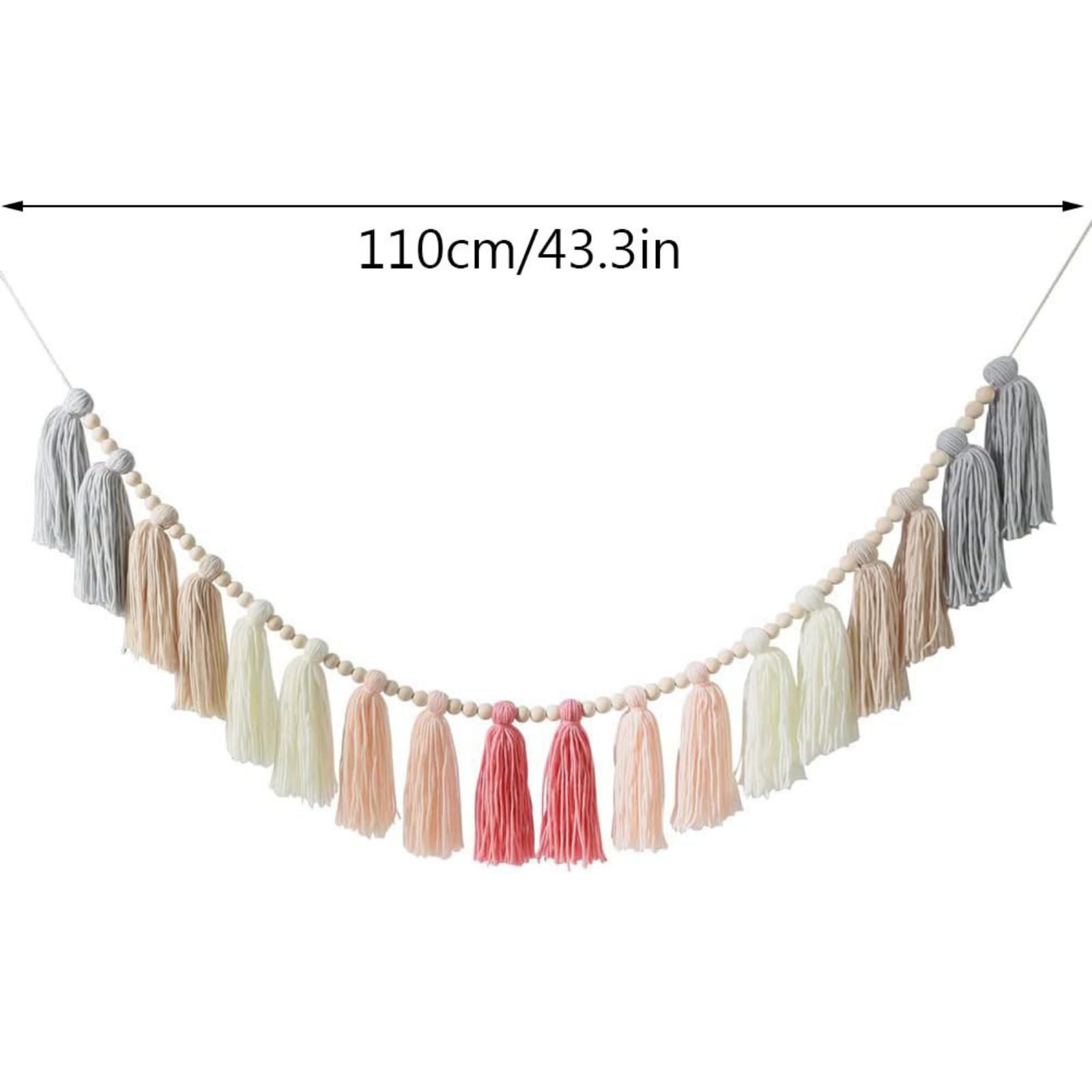 Handgemachte Regenbogen Wanddeko Wandteppich mit Holz Perlen und Quaste Girlande, Fallen Pastellfarbenes Quastenbanner Perle Quaste für Party, Klassenzimmer, Kinderzimmer, Schlafzimmer (4 pcs,rosa)