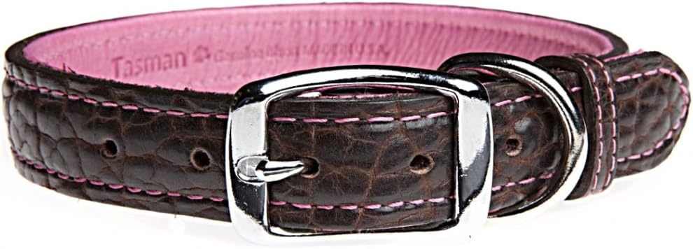 Tasman's Natural Pet Premium Tucson Bison Leather Dog Collar - Purple, Pink Lined, 13in