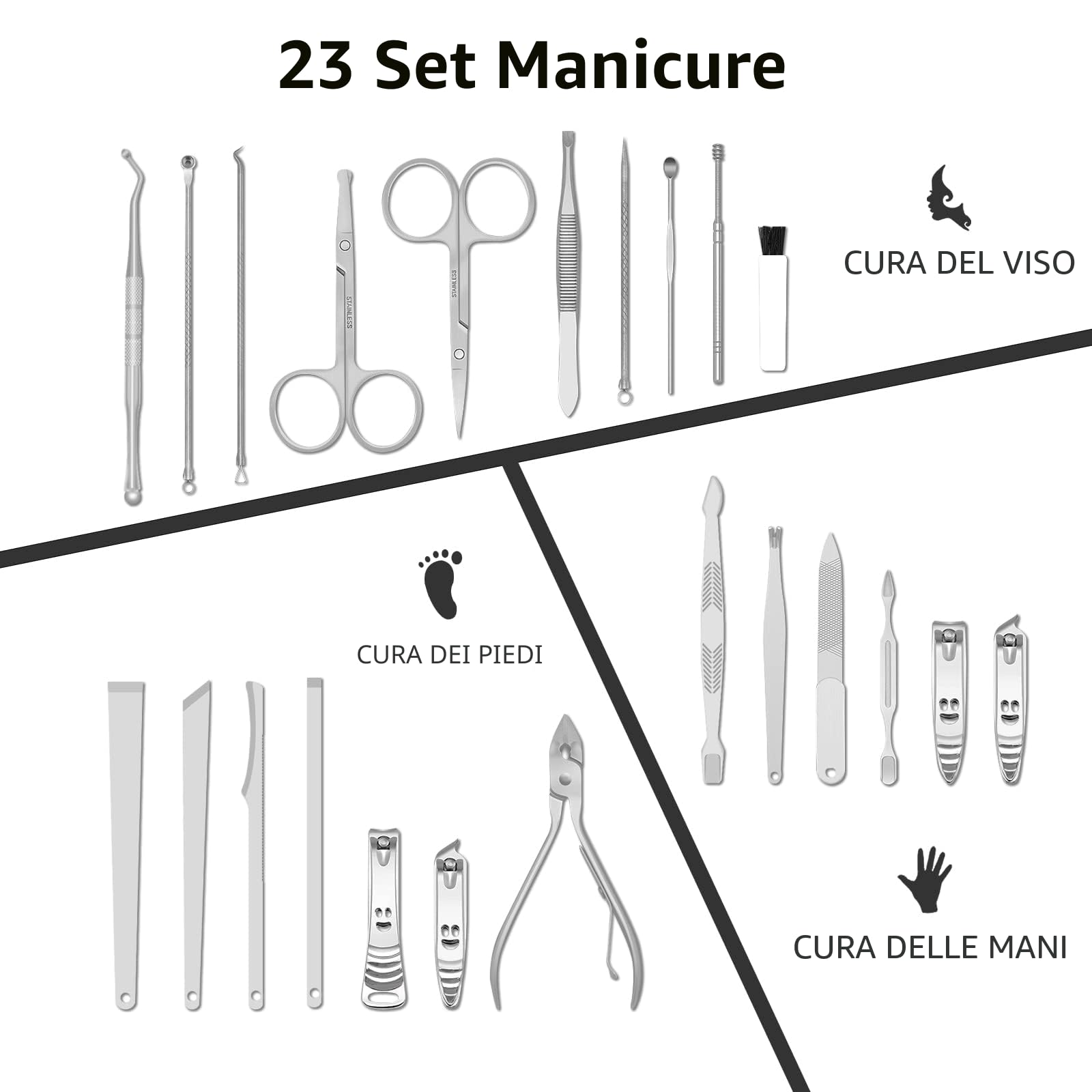 Tagliaunghie Set Professionale Grooming Kit Strumenti per Manicure e Pedicure 23pcs con Lussuosa Custodia da Viaggio in Pelle (Nero/D'argento)
