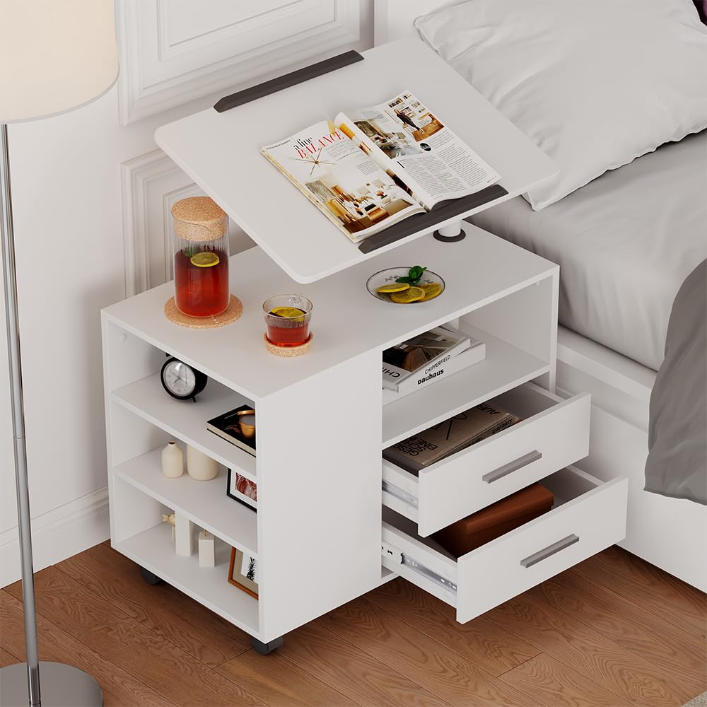 Vicco Mesilla de Noche Bora, Blanco, 80 x 88 cm | con superficie de trabajo ajustable, con tablero de trabajo giratorio y ruedas para un uso flexible