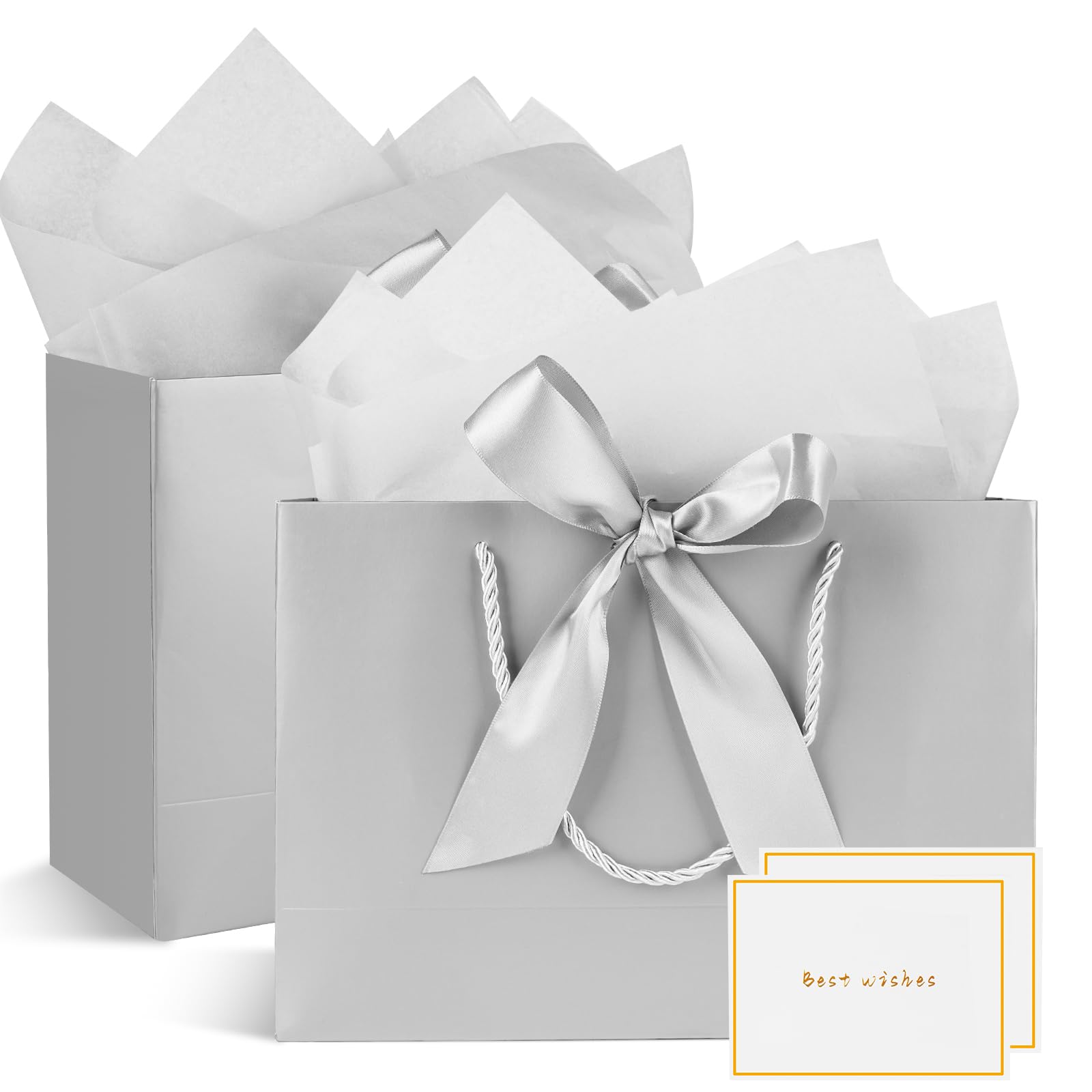 Gfractolux Medium Gift Bags With Tissue Paper, Cards, and Handles - 2 Pcs for Birthdays, Baby Shower, Wedding, Party Favor, Holiday Presents - 11"X7.9"X3.9" (Silver)