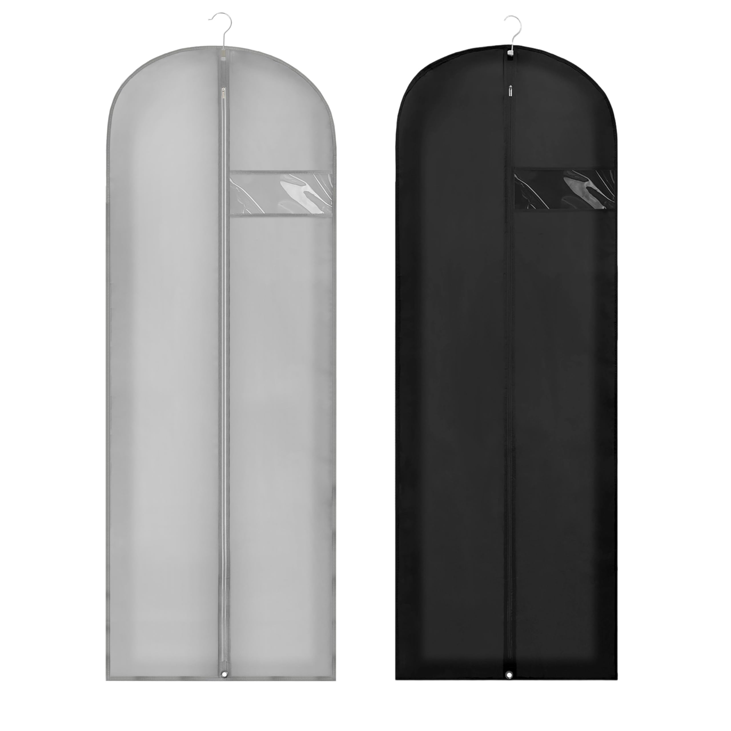 65" Dress Bags for Gowns Long, 2 Pack Garment Bags for Hanging Clothes with Clear Window, Foldable Suit Bag Cover for Travel and Storage (Black+Grey)