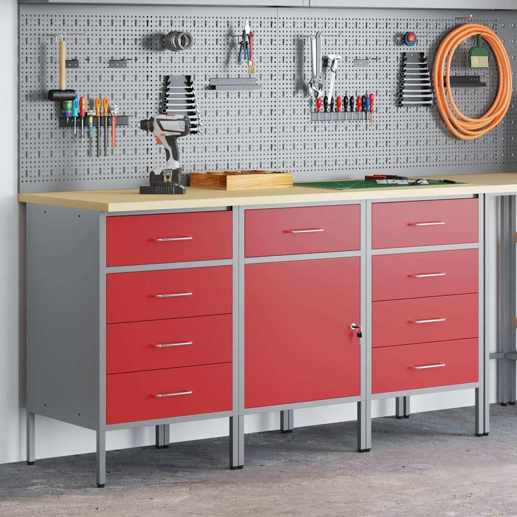 BANCO DA LAVORO CON CASSETTI 3 PEZZI ROSSO E GRIGIO 150x55x85 cm Armadio da officina in legno e acciaio resistente con ripiani e scomparti per attrezzi