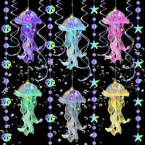 Jellyfish Decor-Mermaid Birthday Decorations & Under The Sea Party Decorations, 6 Pcs Hanging Jellyfish Lanterns 6 Pcs Ceiling Swirl Decorations and 2 Pcs Mermaid Garland for Girls Baby (01)