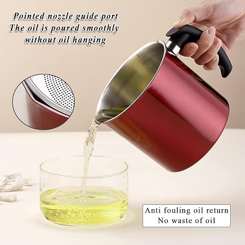 Miniatura 6 de Kyraton Recipiente de grasa de tocino con colador, recipiente de aceite de acero inoxidable rojo brillante de metal de 48 onzas, almacenamiento de