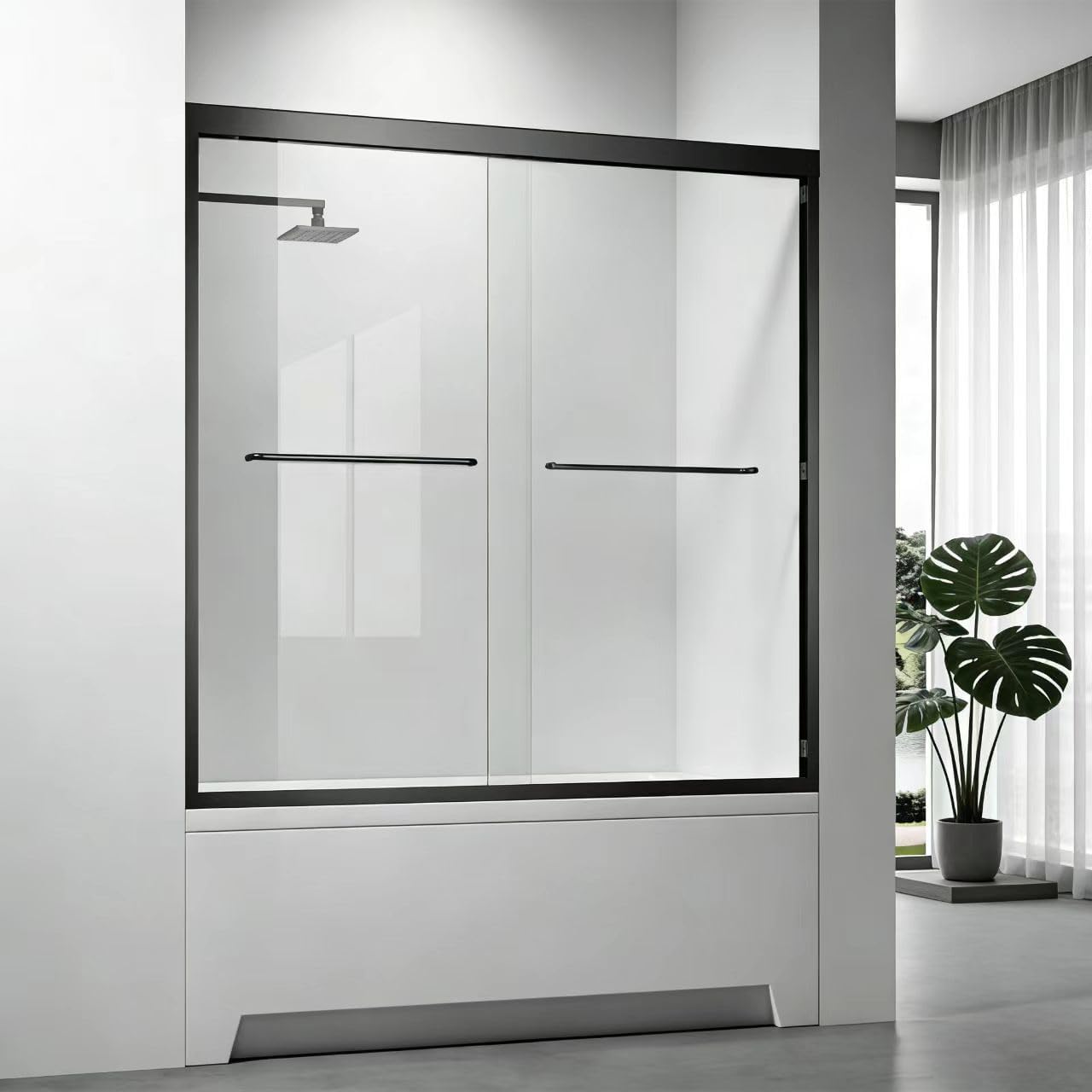 Glass Double Sliding Shower Door, 56-60" W X 57" H Semi-Frameless Shower Doors for Walk in Shower, with 1/4 Inch SGCC Clear Tempered Glass, Matte Black