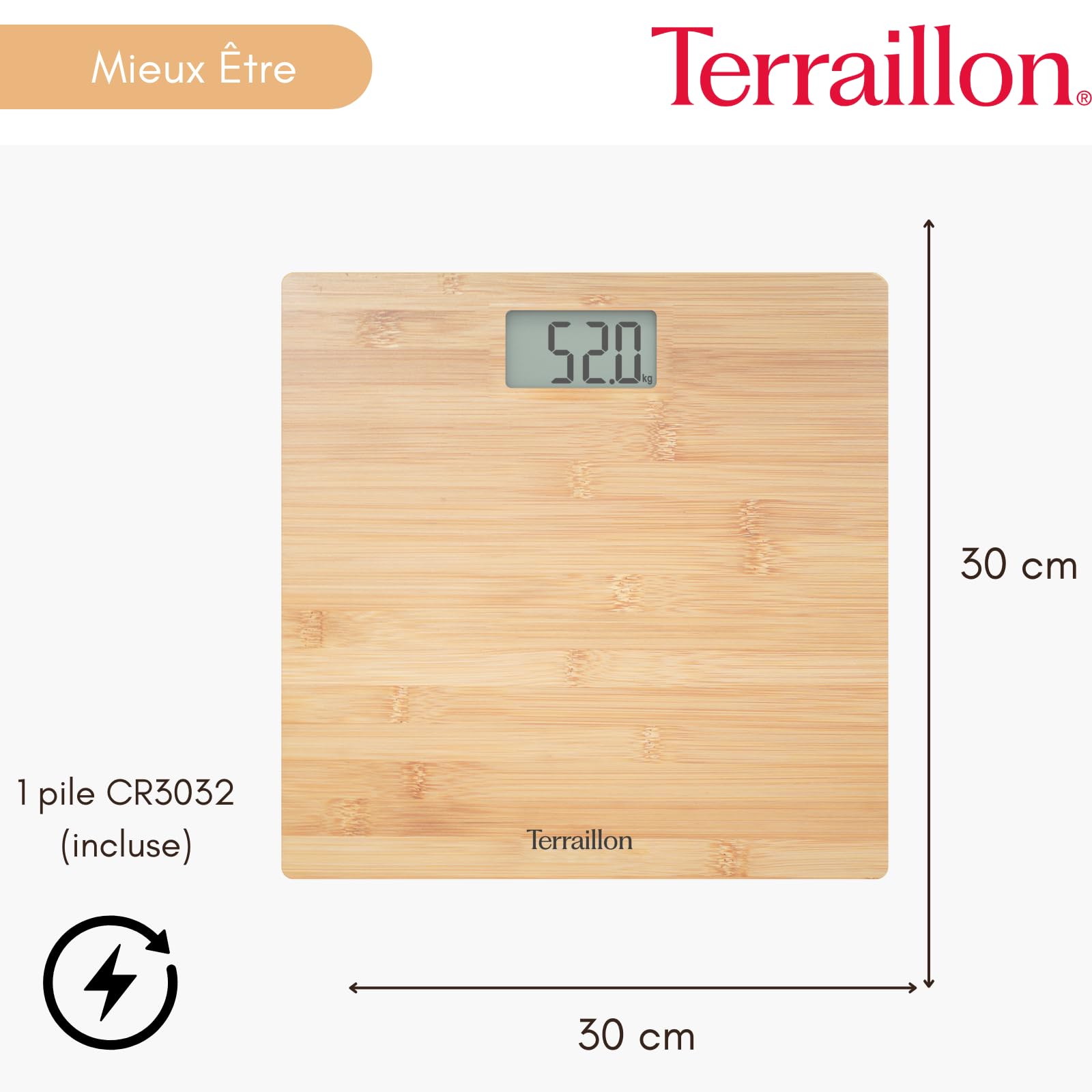 TERRAILLON - BAMBOO - Pèse personne électronique, Plateau Pur Bambou Ultra-plat, Ecran LCD, Capacité 150Kg, graduation 100g, Bambou