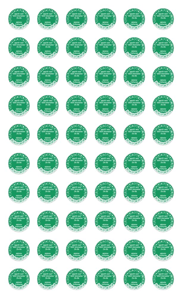 Aufkleber: ⌀ 15 mm, 60 Stück, grün, Mehrjahresprüfplakette, 2025, 2026, 2027, 2028, 2029, 2030, Hochleistungsfolie, Sprache: deutsch, Text: geprüft nach DGUV Information 214-016 nächster Prüftermin