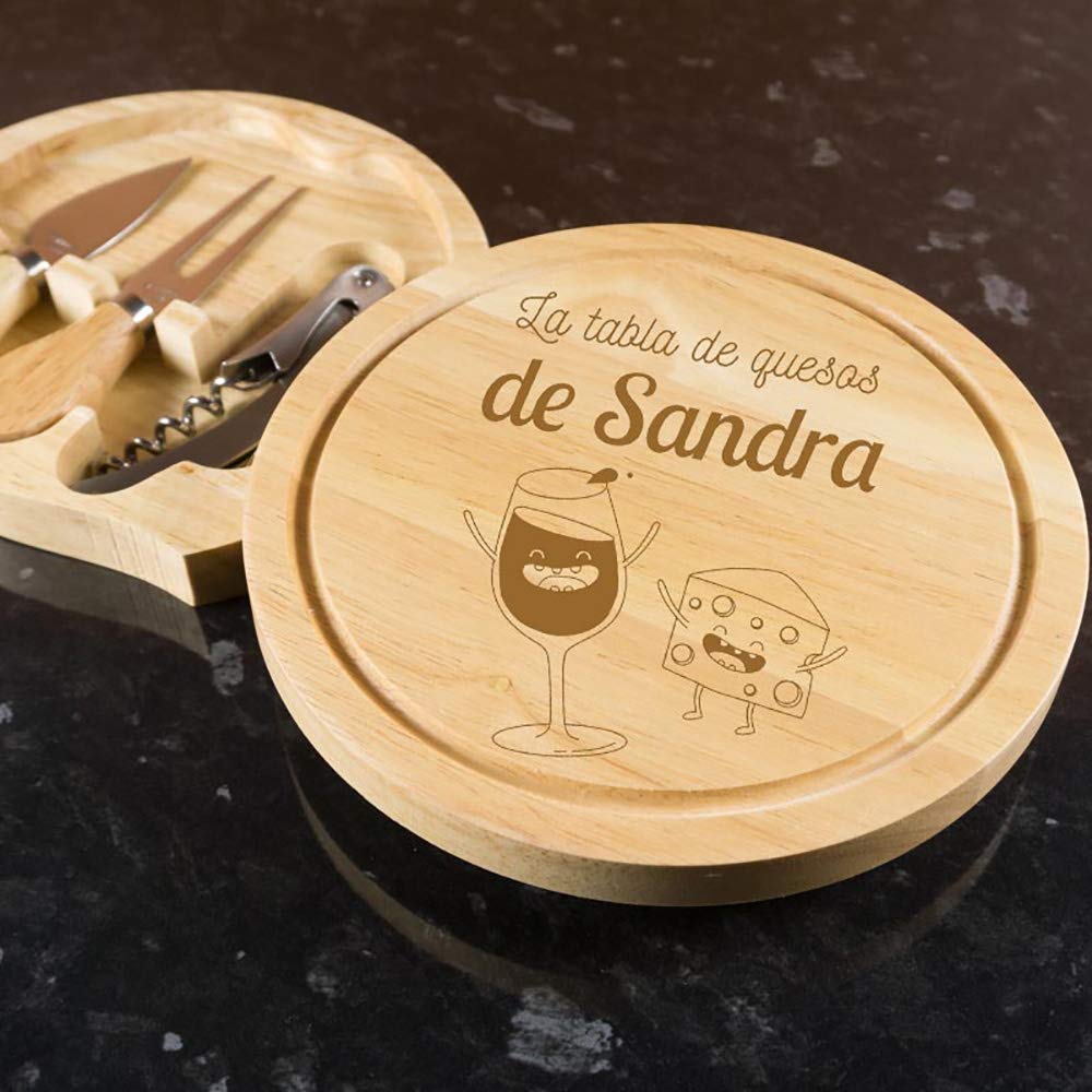 Regalo personalizado: tabla de quesos grabada con motivos divertidos y el texto que tú quieras