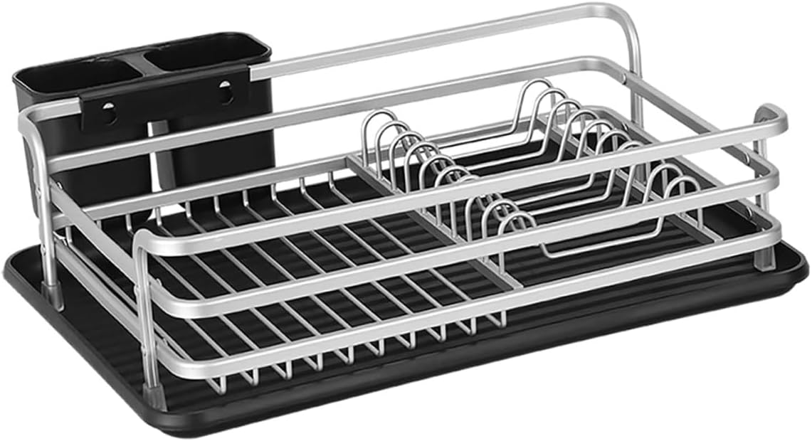 Housoutil Dish Drying Rack Over Sink Large Silver Stainless Steel Kitchen Drying Rack for Dishes with Removable Cutlery Holder and Drainage Tray for Household Sink Organization
