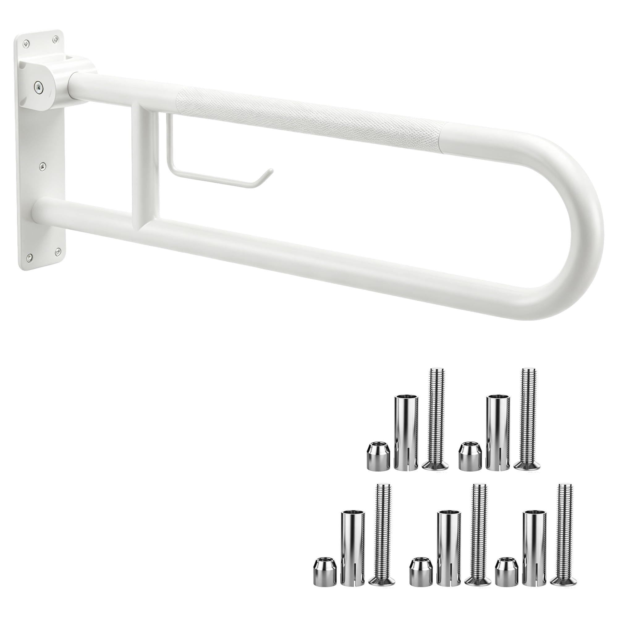 22.5 Inch Toilet Grab Bar, HUAS White Anti Slip Bathroom Toilet Safety Rails, U Shaped Flip-Up Handicap Grab Bars w/Paper Holder, Stainless Steel Support Handrail for Elderly Disabled Senior