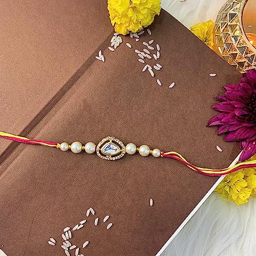 Image of I Jewels Designer Kundan Pearl Rakhi With Roli Chawal & Rakshabandhan Card For Brother /Bro /Bhai /Men (R094)