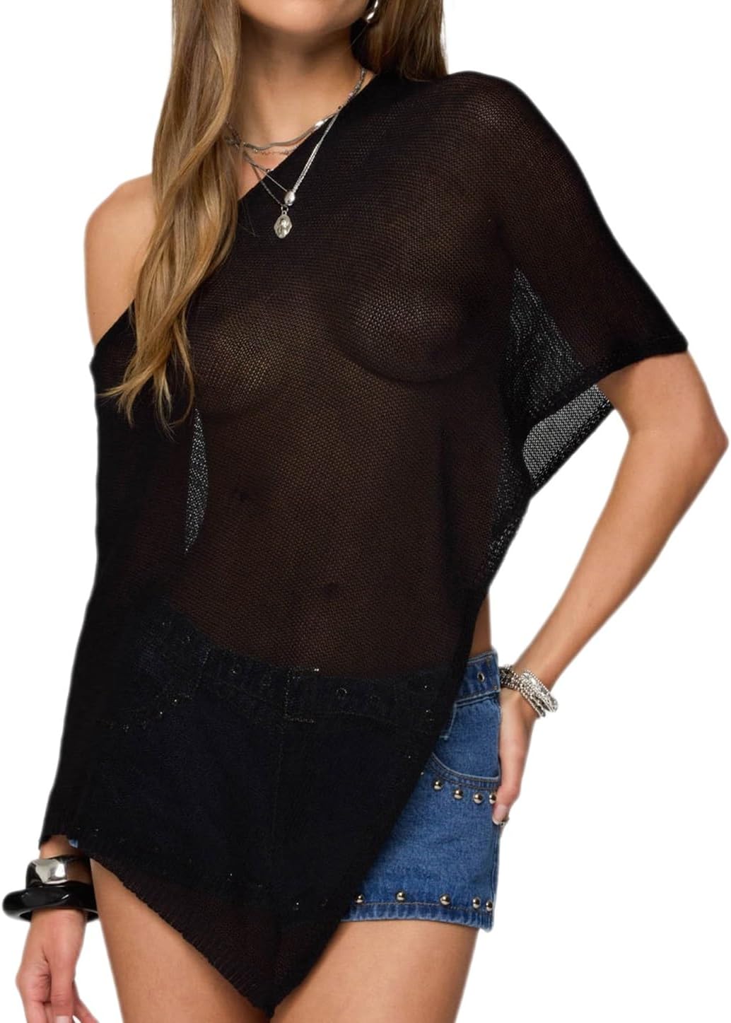 NUFIWI Women Knit Poncho Tops Sheer See Through Lightweight Shawl Summer Shrug Asymmetrical Hem Beach Cover Ups