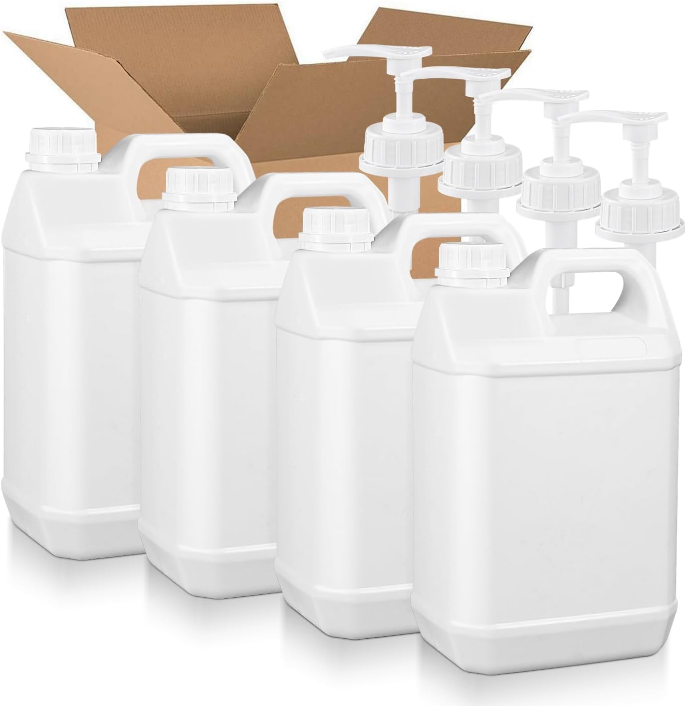 1 Gallon Plastic F-Style Jug (4-Pack) Reusable Food-Safe, Heavy-Duty HDPE Containers for Water, Sauces, Soaps, Detergents, Honey Liquids with Screw-On Cap and Pump Cap (White, 1 Gallon) 1 Gallon White