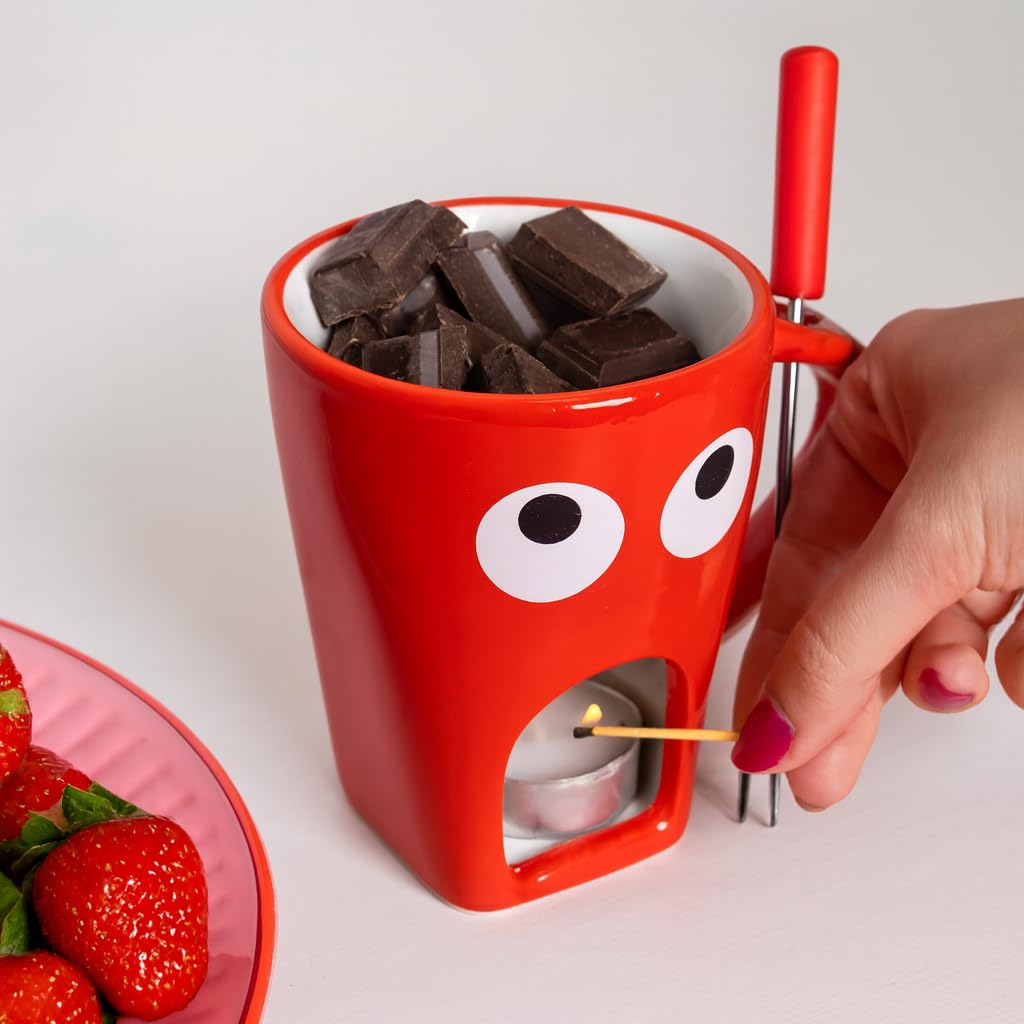 Fisura – Taza fondue chocolate original. Fondue de queso con taza y tenedor. Taza roja con estampado de ojos para fondue. Taza original para regalo. 140 mililitros