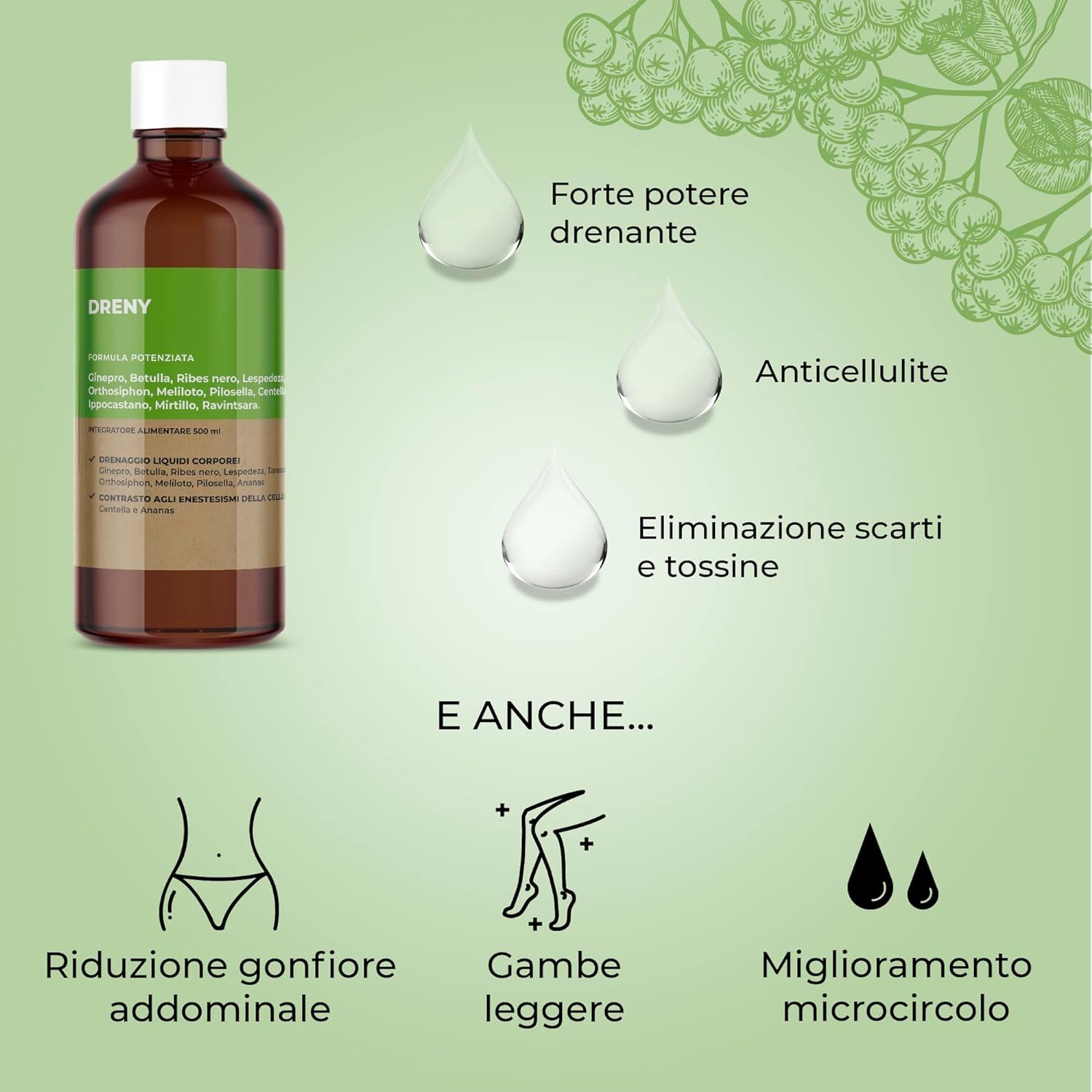 JEA DRENY Drenante Forte Anticellulite con 13 Estratti Naturali ad Alto Dosaggio al Sapore di Thè alla Pesca - Detox da 500ml per Gambe e Corpo
