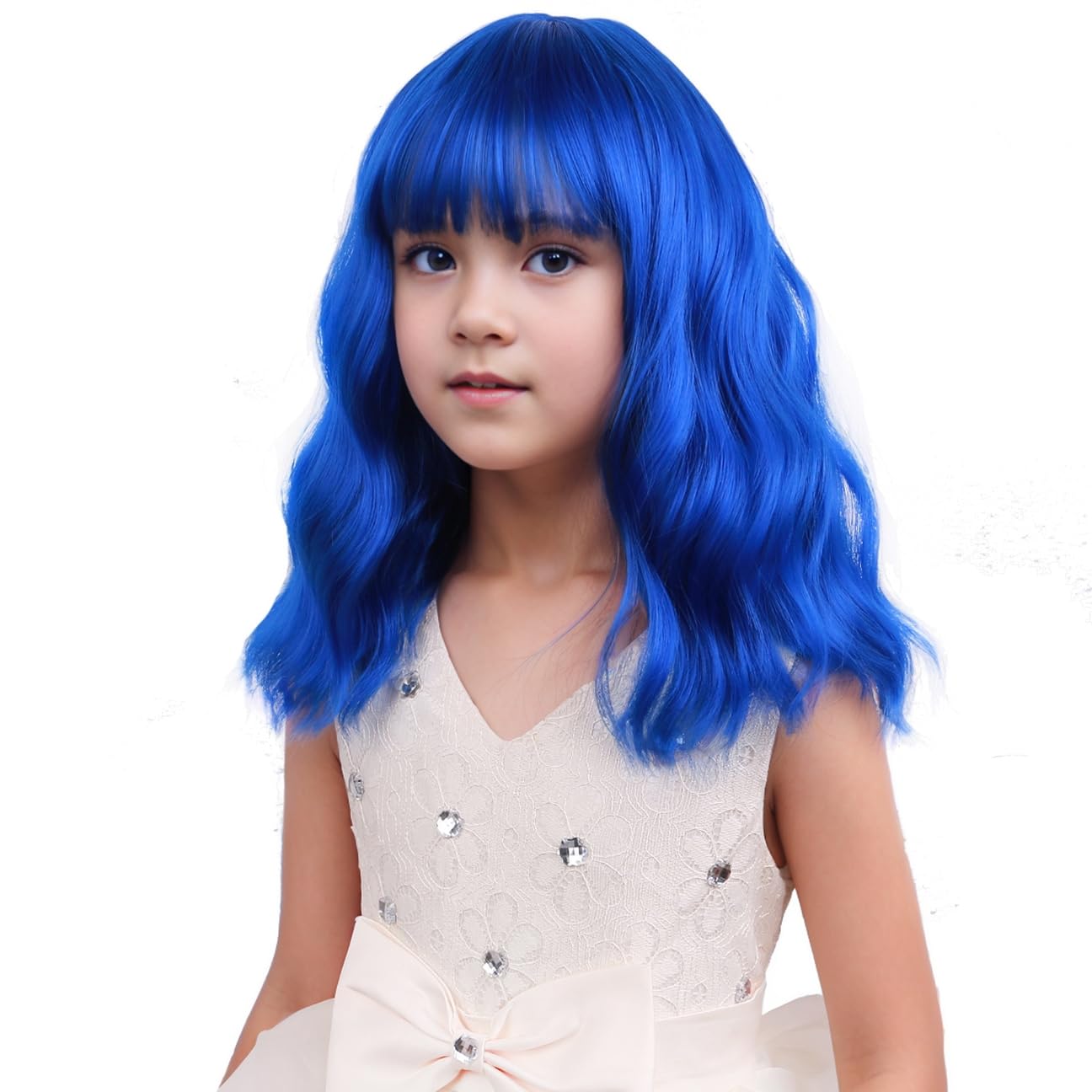 DUDUWIG Dark Blue Wig for Girls Kids Royal Blue Wig with Bangs Children Short Wavy Curly Wigs Synthetic Cosplay Hair Wigs