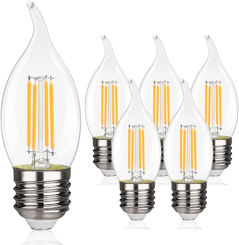 C35/CA11 Flame Shape LED Chandelier Light Bulbs,Dimmable 4 Watt Equivalent 40W LED Candelabra Bulbs,2700K Warm White 450LM, E26 Base LED Clear Glass,6 Pack
