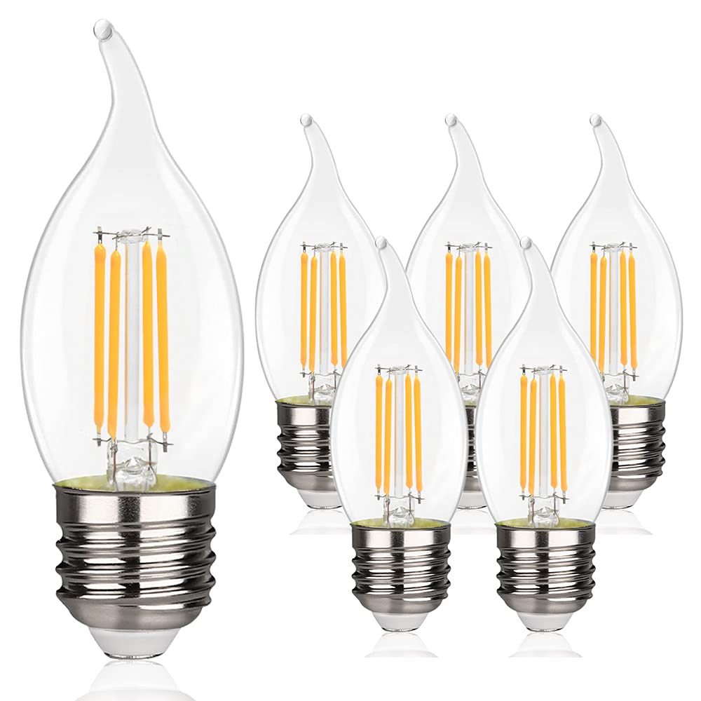 C35/CA11 Flame Shape LED Chandelier Light Bulbs,Dimmable 4 Watt Equivalent 40W LED Candelabra Bulbs,2700K Warm White 450LM, E26 Base LED Clear Glass,6 Pack