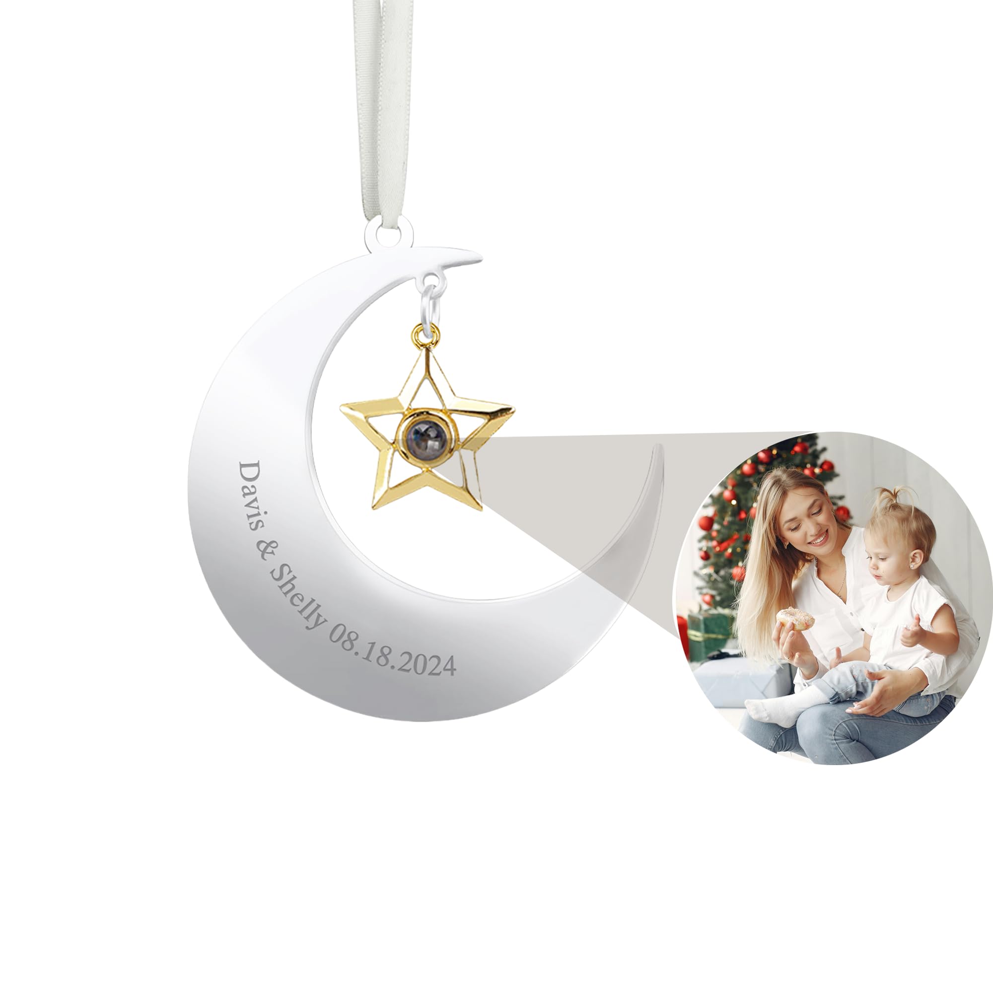 Custom Photo Ornament for Christmas Tree，Personalised Photo Christmas Ornaments with 3D Snowflake Projections,Snowflake Projection Pendant,Christmas Ornament Decoration Gifts for Family/Couple/Friend