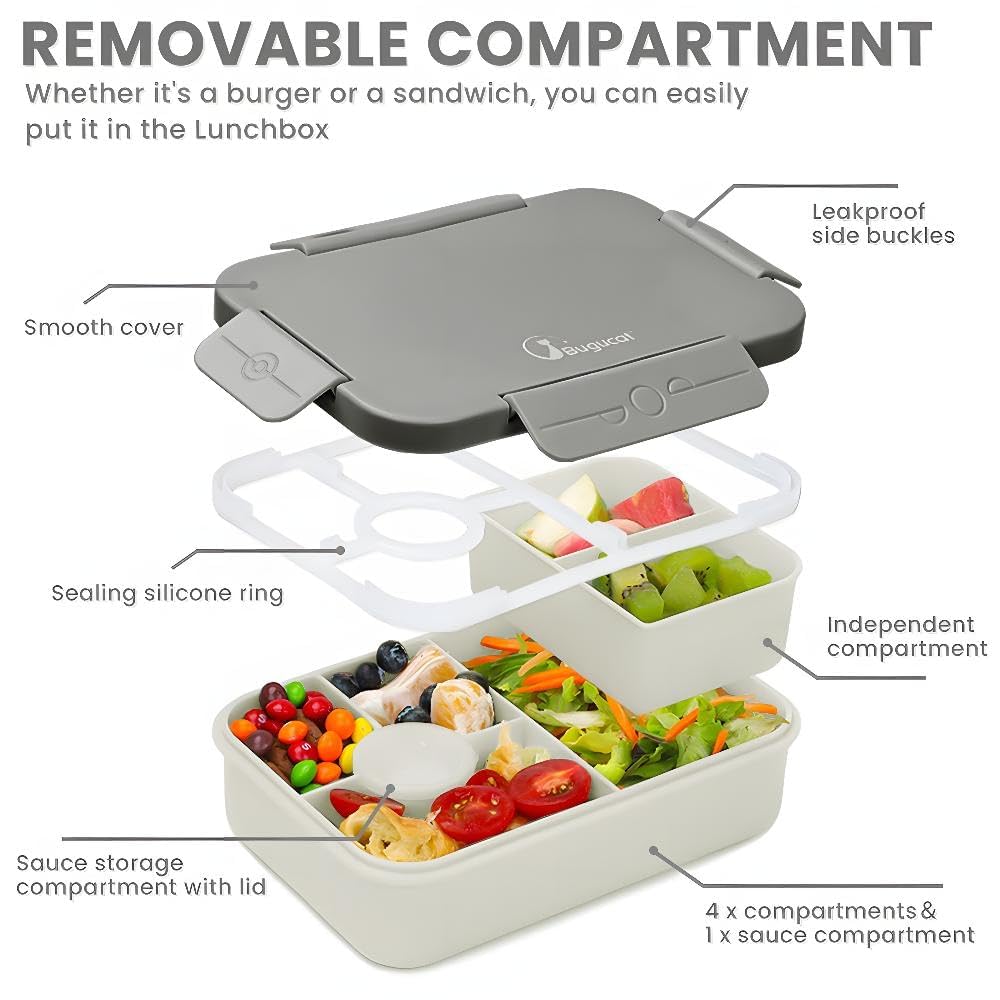 Bugucat Bento Lunch Box - 1300ML, 4-Compartment, Leak-Proof, Ideal for Kids & Adults, Grey, 1PCS - Image 3