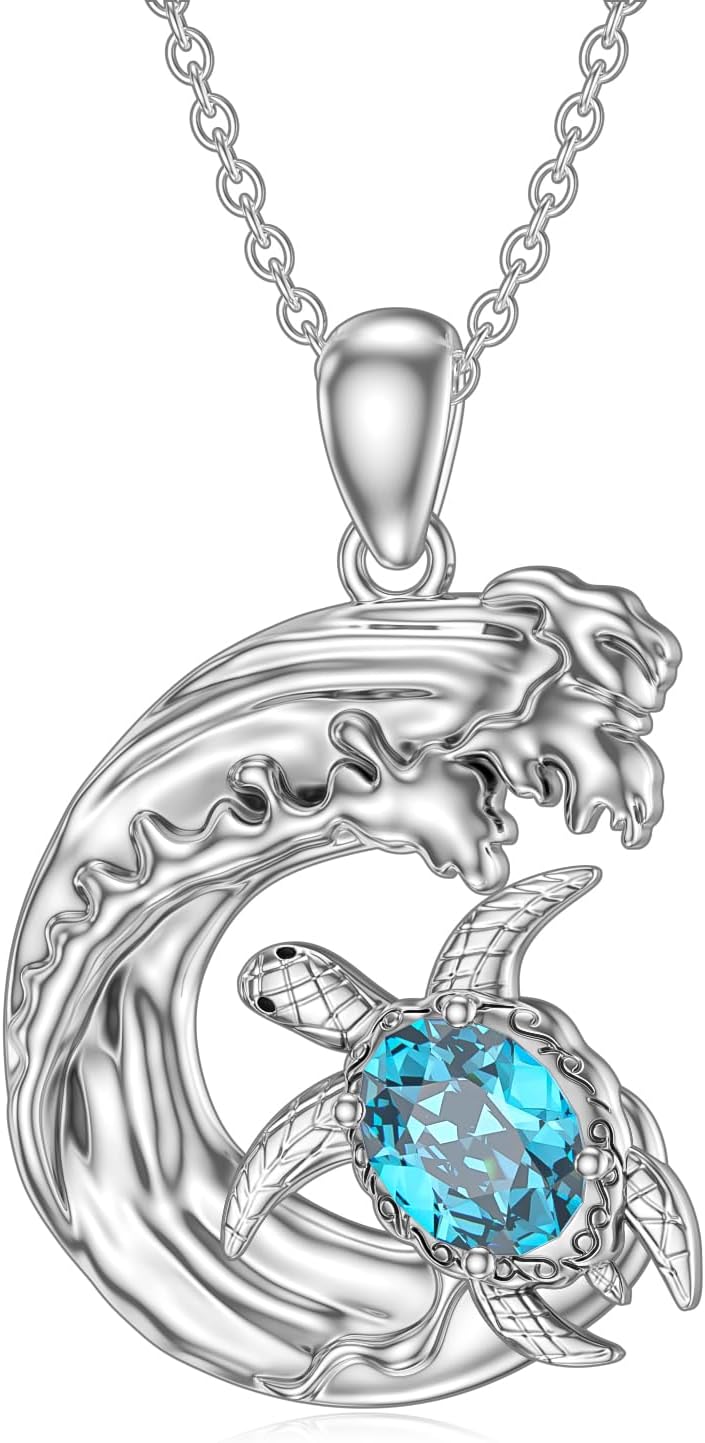 Natural Topaz Sea Turtle Necklaces for Women 925 Sterling Silver Swiss Blue Ocean Turtle Pendant Jewelry Gifts for Christmas Mothers Day