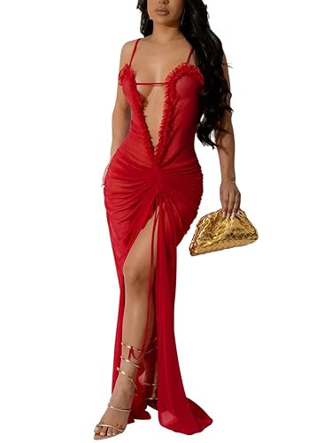 Uni Clau Women Sexy Mesh Sheer Maxi Dress Y2k See Through Low Cut Backless Bodycon Fitted High Slit Long Dress Party Dresses - 9012-red - Medium