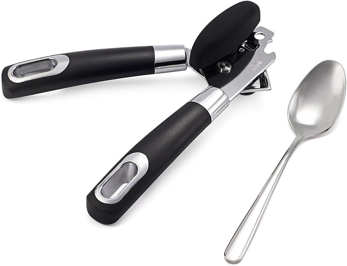 Portable Can Opener Manual With a Spoon,Best Heavy Duty Stainless Steel Blade and Gear Prevents Sharp Edges Professional Side Cut with Bottle Open for Kitchen, Restaurant, Camping (black)