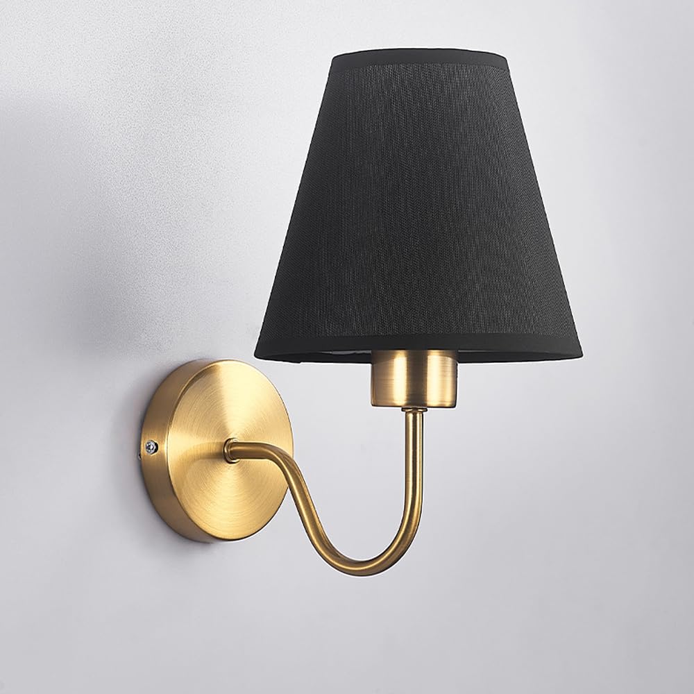 HUAYUSEDF American Creative Wall Lamp,Gold Bedroom Bedside Sconce with Fabric Shade,Industrial Rustic Light Hardwired,E26 Base Vintage Mounted for Hallway Living Room(Black)