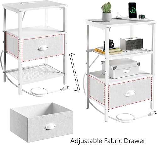 Miniatura 7 de Sthmec - Juego de 2 mesitas de noche LED con estación de carga y cajón de tela, mesita de noche con almacenamiento, mesa auxiliar de 3 niveles con
