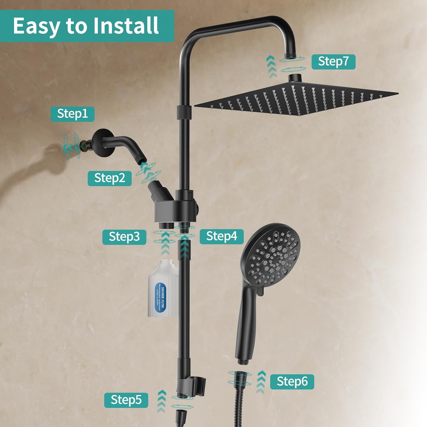 MIAOHUI High Pressure Rain Shower Head with 7 Settings Handheld Spray, Dual Shower Heads with Handheld Spray Combo, 10 Inch Luxury Rainfall Shower Head and Handle Set with Filter (Black)