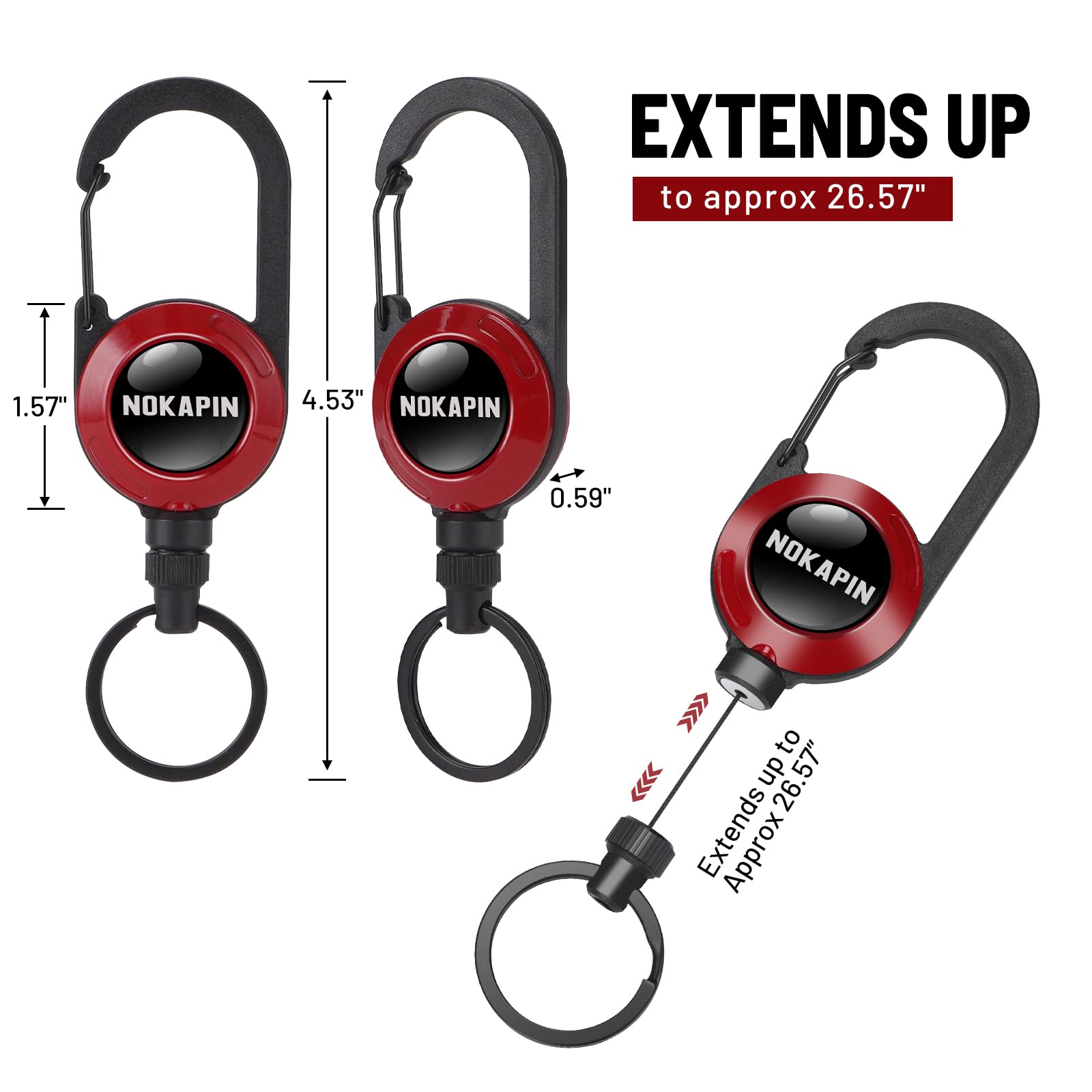 NOKAPIN Retractable Badge Reel With Keyring, Belt Clip, Zinc Alloy Carabiner, 26.5" Steel Cord, 10 oz - ID Badge Holder Pull Reel - Image 2
